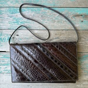 VTG Varon Crocodile Leather Shoulder Bag Purse Brown 11" x 6.75" Handmade Banded